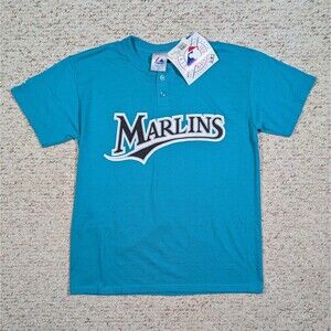 Florida Marlins Henley T-Shirt Teal Youth XL Miami Majestic Button VTG Tee NWT